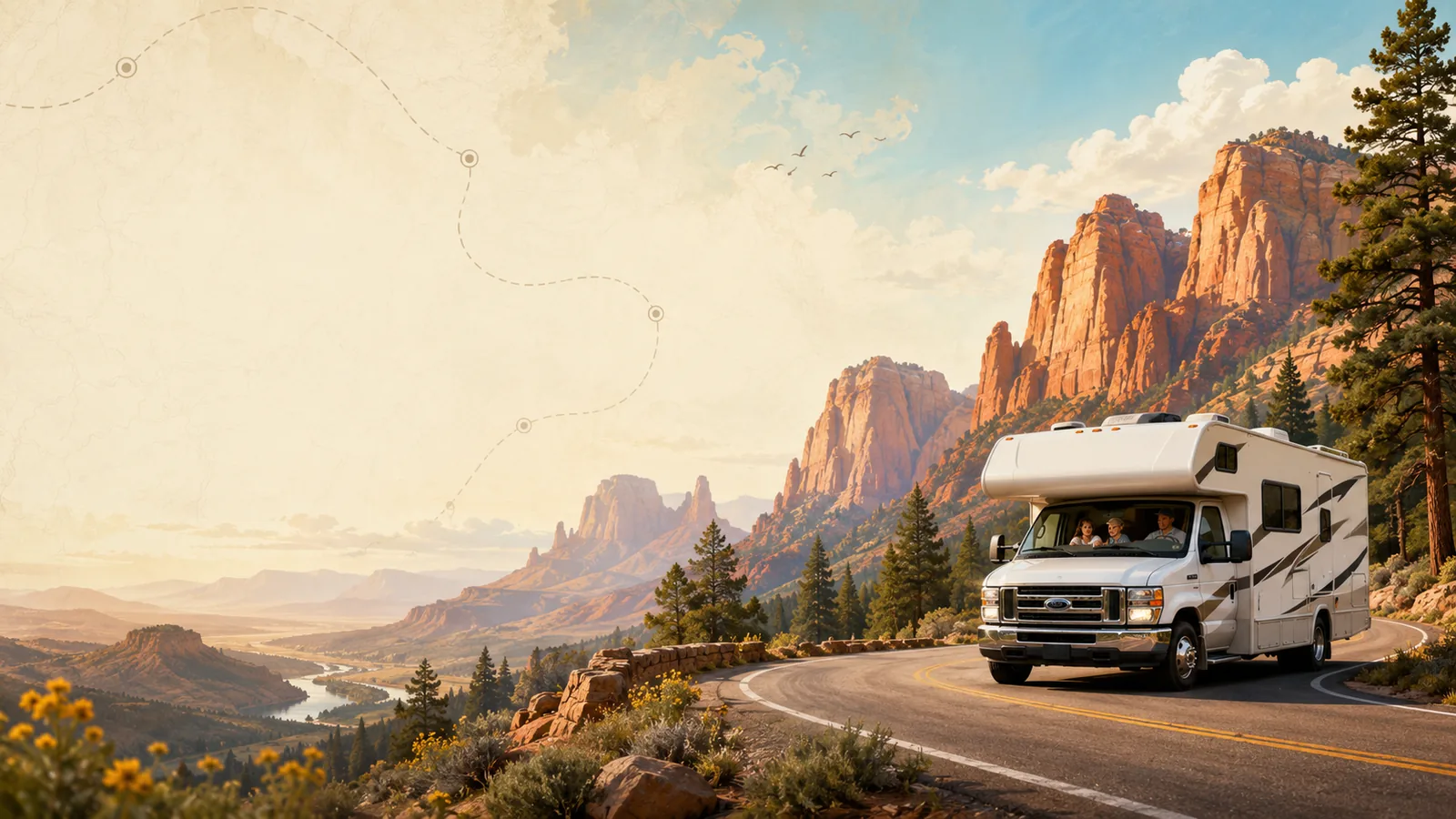 Gezin in een camper op een bergweg langs rode rotsen in het Amerikaanse zuidwesten.