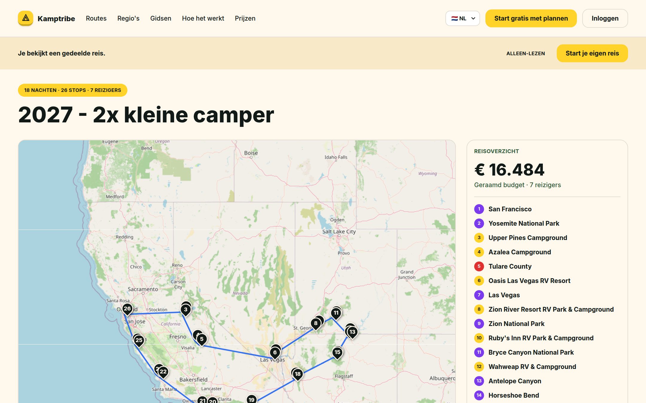 Gedeelde alleen-lezen reisweergave in Kamptribe met kaart en stopoverzicht.