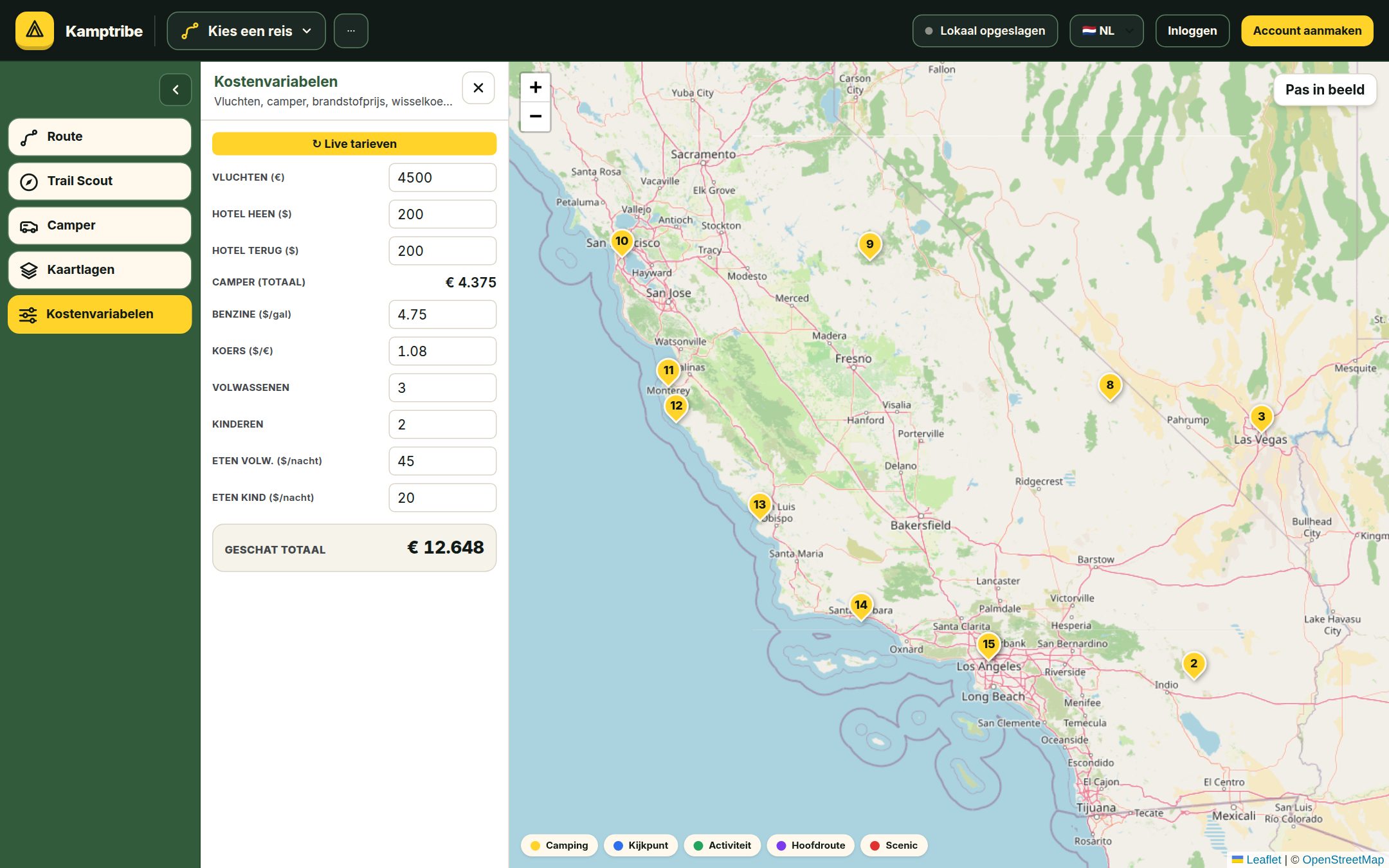 Budgetcalculator in Kamptribe met kostenvariabelen en geschat totaal.